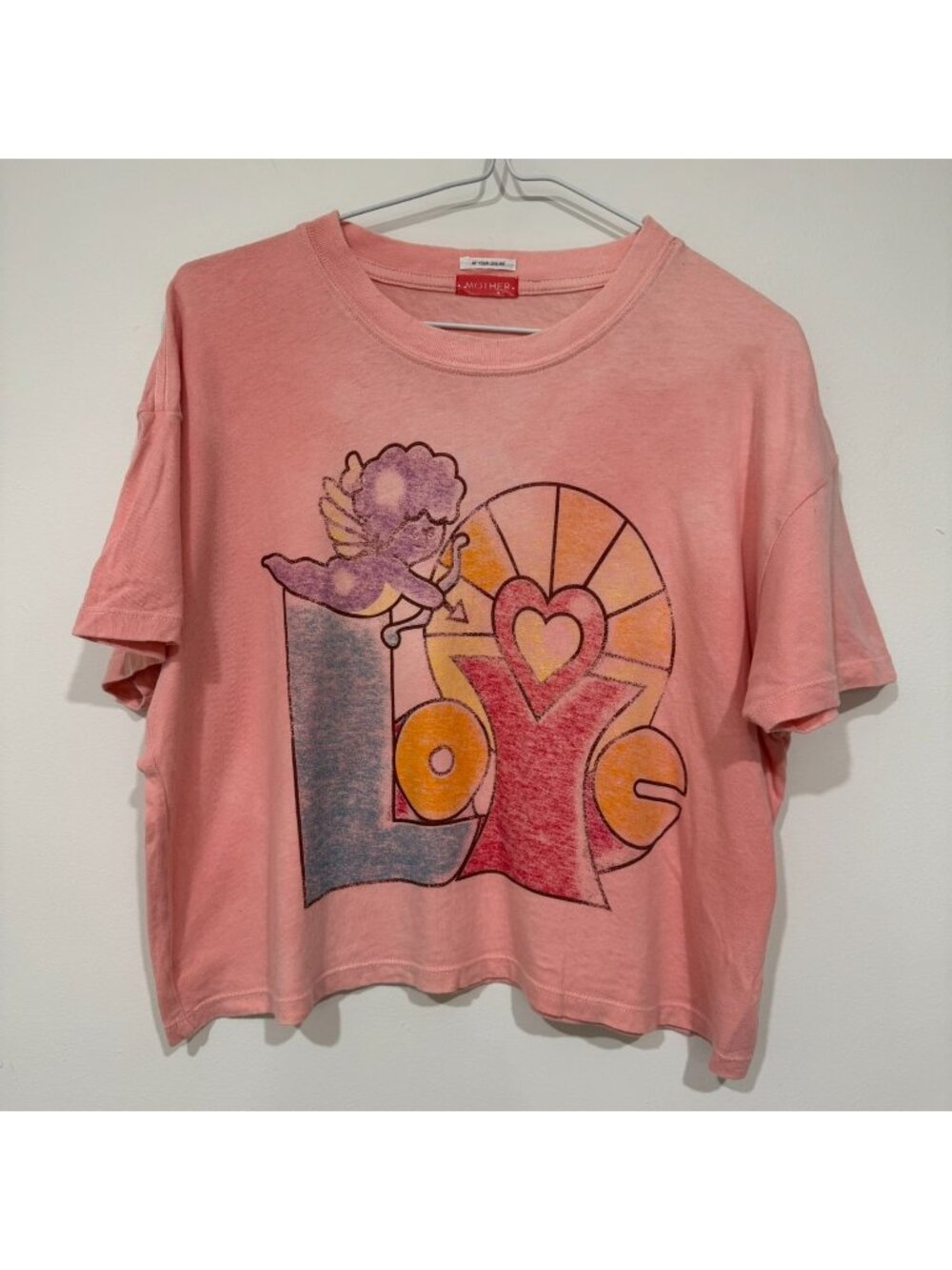 Mother 'The Grab Bag' Crop Tee T-shirt Pink Size M Cupid Love Vintage Wash